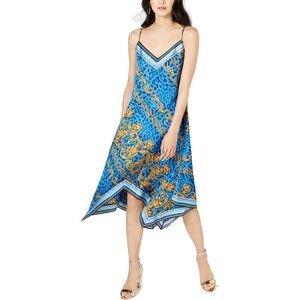 INC Size Small Blue Dress Slip Midi Asymmetrical Leopard Print Dress